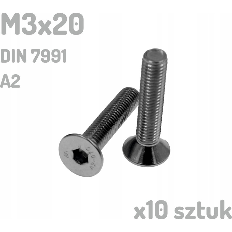 Śruba nierdzewna A2 M3x20 mm DIN 7991 INOX x10 sztuk