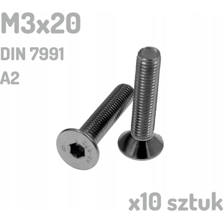 Śruba nierdzewna A2 M3x20 mm DIN 7991 INOX x10 sztuk