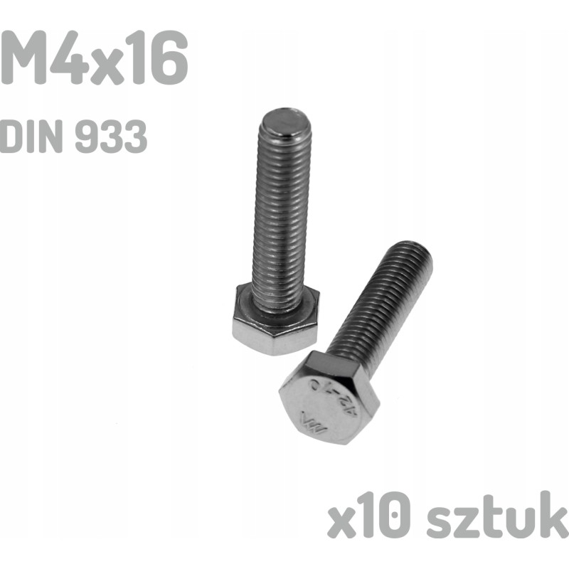 Śruba nierdzewna A2 M4x16 mm DIN 933 INOX x10 sztuk