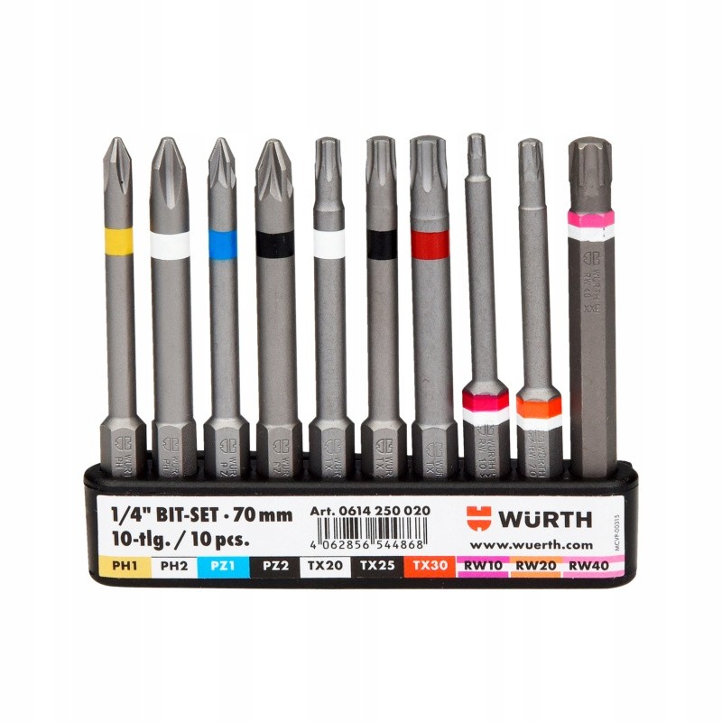 Wurth Zestaw Bitów długich 1/4" PH PZ TX RW 10 elementów (0614250020)
