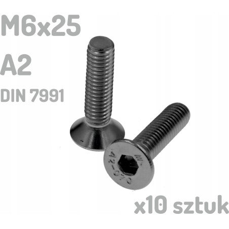 Śruba nierdzewna A2 M6x25 mm DIN 7991 INOX x10 sztuk