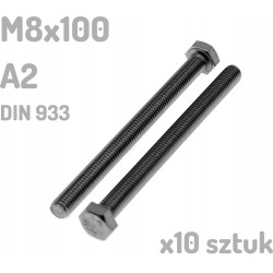 Śruba nierdzewna A2 M8x100 mm DIN 933 INOX x10 sztuk