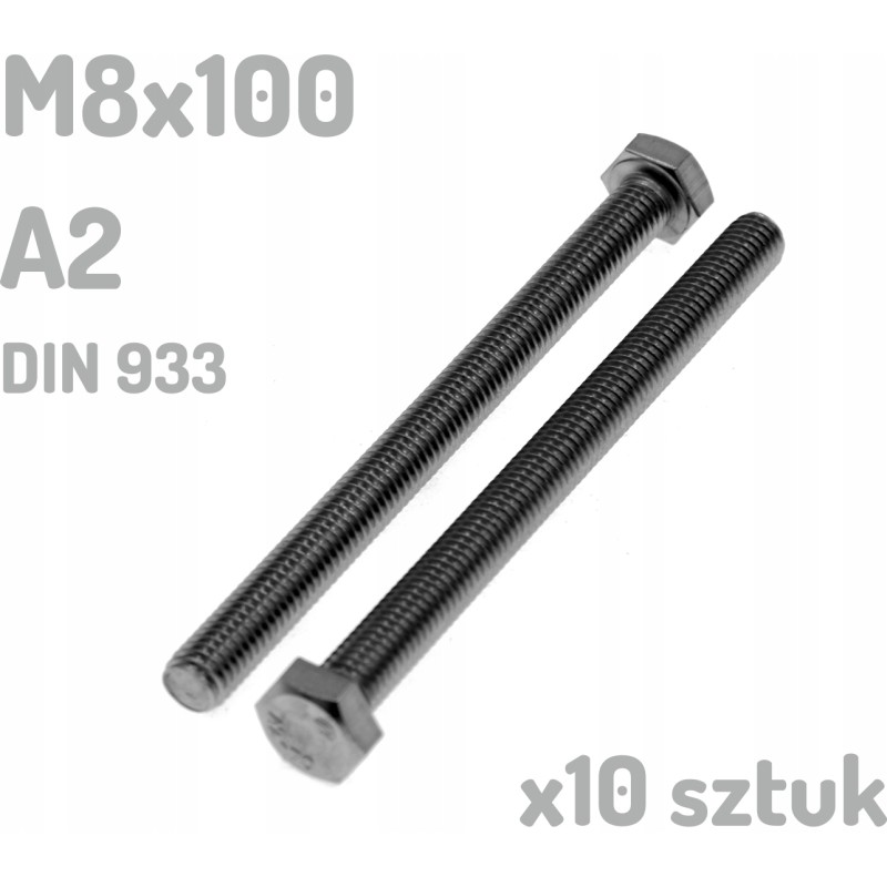 Śruba nierdzewna A2 M8x100 mm DIN 933 INOX x10 sztuk