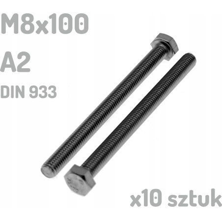 Śruba nierdzewna A2 M8x100 mm DIN 933 INOX x10 sztuk
