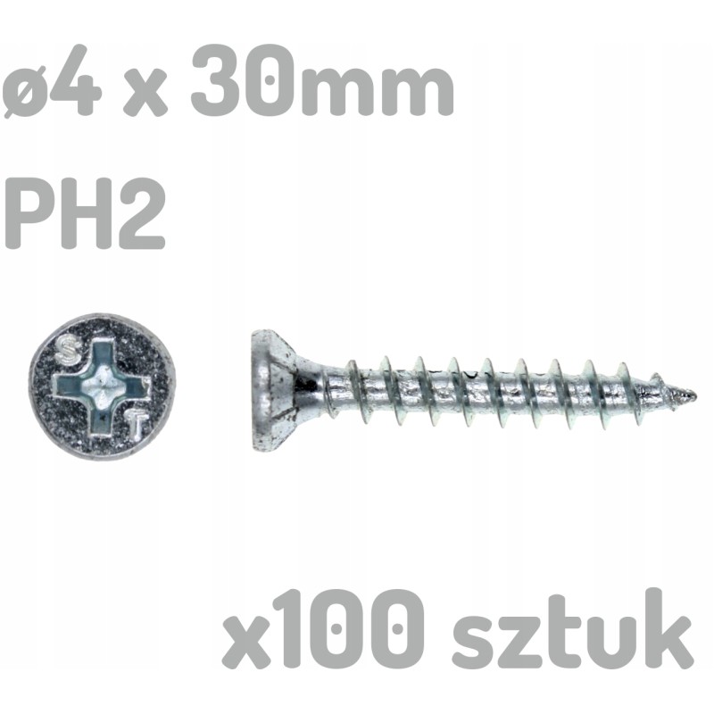 100x Wkręt do tworzywa drewna ocynkowany 4x30mm 4 x 30mm PH2 - 100 sztuk