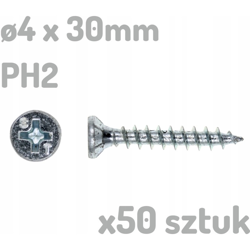 50x Wkręt do tworzywa drewna ocynkowany 4x30mm 4 x 30mm PH2 - 50 sztuk