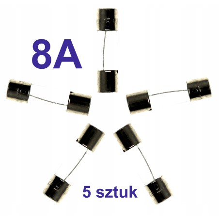 Bezpiecznik szklany rurkowy topikowy 8A zestaw 5 sztuk