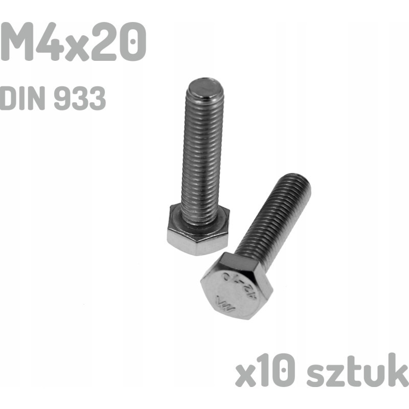 Śruba nierdzewna A2 M4x20 mm DIN 933 INOX x10 sztuk