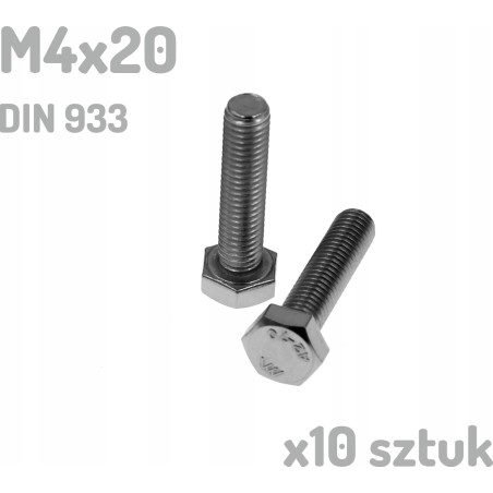 Śruba nierdzewna A2 M4x20 mm DIN 933 INOX x10 sztuk