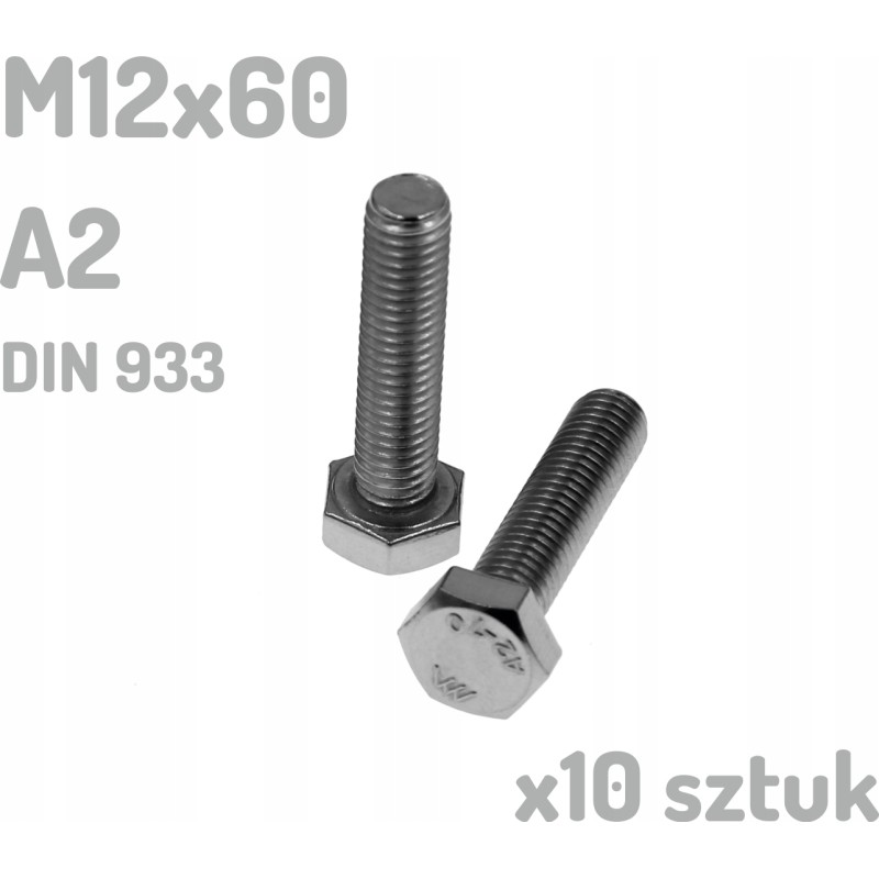 Śruba nierdzewna A2 M12x60 mm DIN 933 INOX x10 sztuk