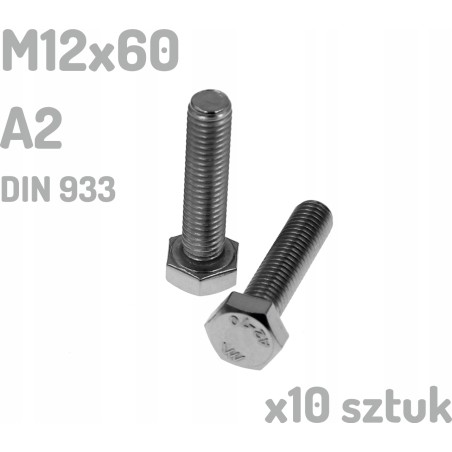 Śruba nierdzewna A2 M12x60 mm DIN 933 INOX x10 sztuk