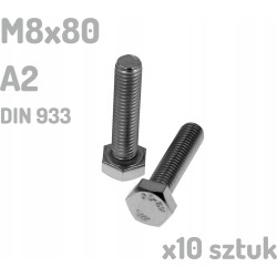 Śruba nierdzewna A2 M8x80 mm DIN 933 INOX x10 sztuk