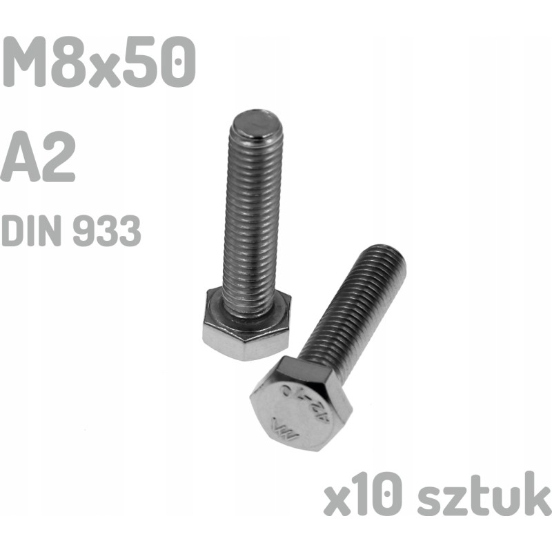 Śruba nierdzewna A2 M8x50 mm DIN 933 INOX x10 sztuk