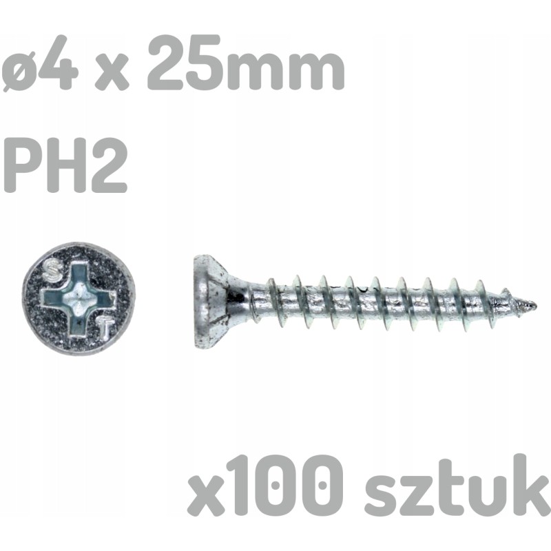 100x Wkręt do tworzywa drewna ocynkowany 4x25mm 4 x 25mm PH2 - 100 sztuk