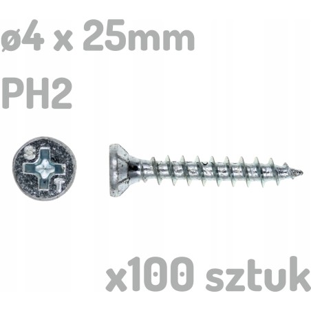 100x Wkręt do tworzywa drewna ocynkowany 4x25mm 4 x 25mm PH2 - 100 sztuk