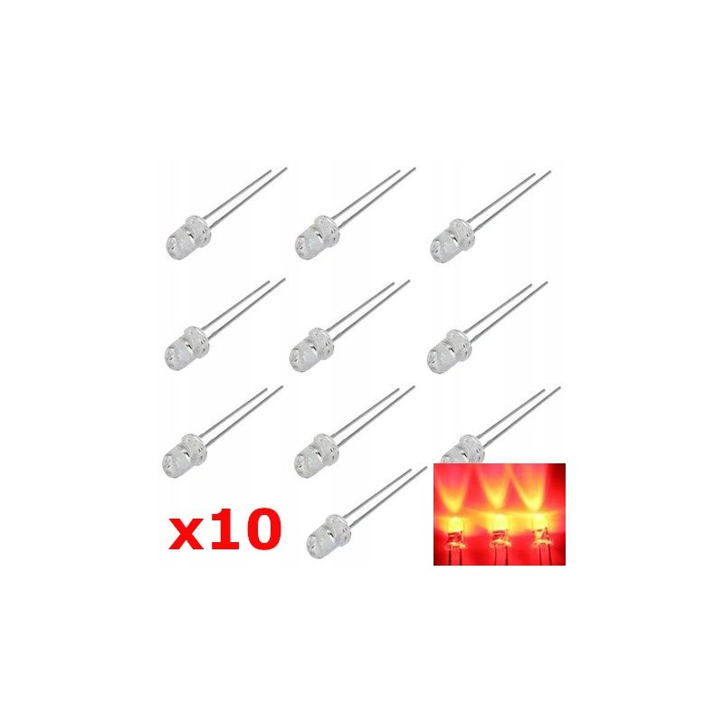 10x dioda LED 3mm czerwona jasna clear 20mA